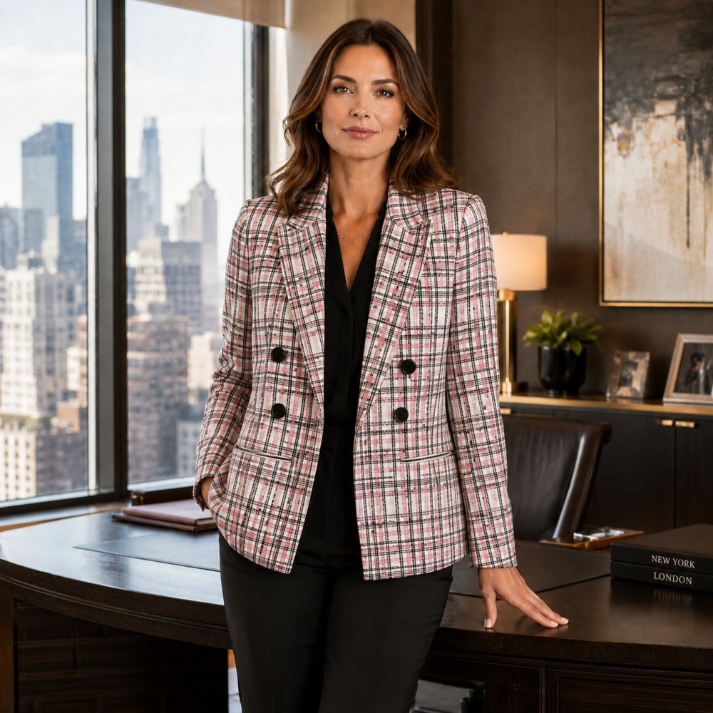Bar III Blazer Womens XS Pink Plaid Tweed Faux Double Breasted Open Front